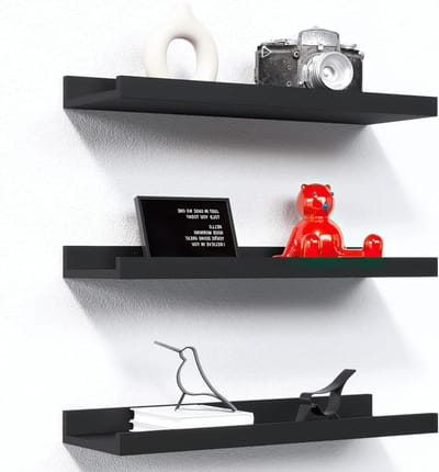 Set van 3 Zwarte Wandplanken met Lip voor Opslag en Decoratie in Slaapkamer, Badkamer en Keuken, Moderne Fotoplank voor Woonkamer