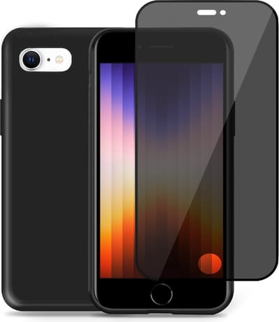 Hoesje geschikt voor iPhone SE 2022 + Privé Screenprotector – Privacy Tempered Glass - Back Case Cover Zwart
