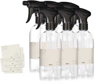 Oputec 6x 500ml sprayflessen – Transparant – Lege verstuivers met ergonomische sproeikop + etiketten