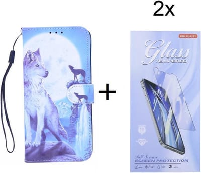 Bookcase Geschikt voor: Samsung Galaxy A42 hoesje met print - Wolf met 2 stuks Glas Screen protector