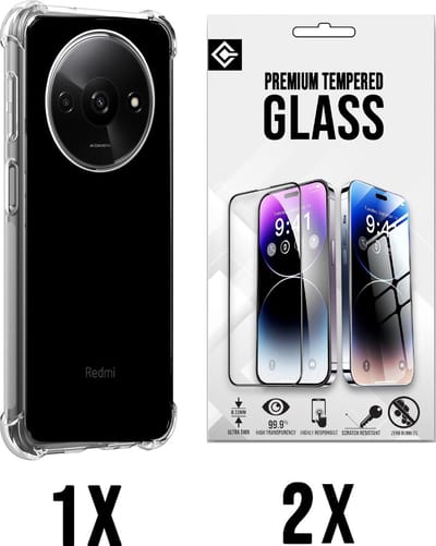 Casemania Hoesje Geschikt voor Xiaomi Redmi A3 - Transparant - 2X Glazen Screenprotector - Anti Shock Back Cover