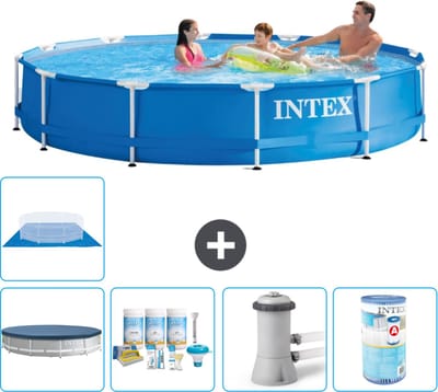 Intex Rond Frame Zwembad - 366 x 76 cm - Blauw - Inclusief Afdekzeil - Onderhoudspakket - Zwembadfilterpomp - Filter - Grondzeil - 6-delig