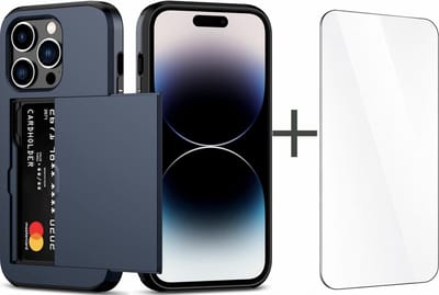 YPCd Hardcase Pasjeshouder Hoesje – Geschikt voor Apple iPhone 15 Pro – Shockproof Backcover met Verborgen Kaartvak – Inclusief Glazen Screenprotector – Donkerblauw