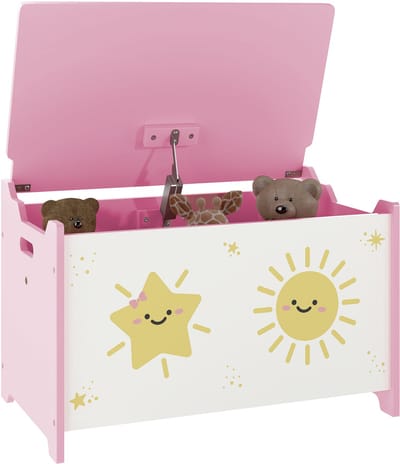Speelgoedkist met deksel, opbergkist voor kinderen met veiligheidsscharnieren, 60 x 37 x 39 cm, roze