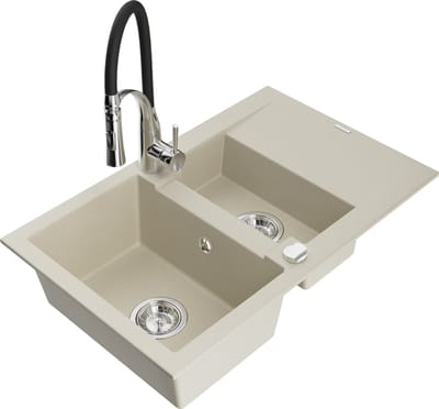 Mexen Gaspar granieten spoelbak 1,5-komor met afdruipplaat en keukenmengkraan Aster, beige - 6507-69-73450-07
