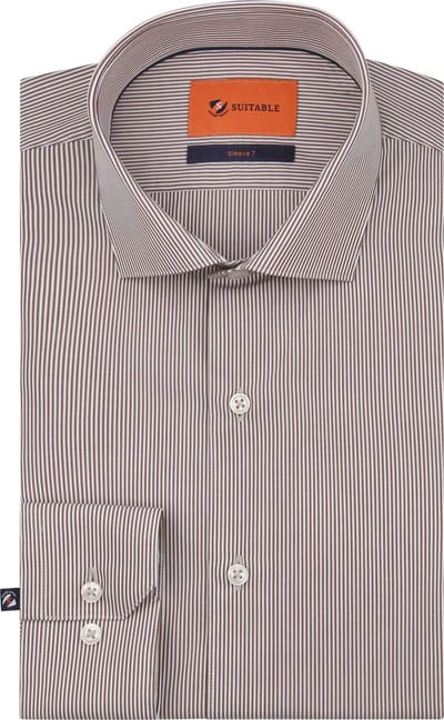 Suitable Twill Overhemd Extra Lange Mouw Streep Bruin - Maat 39 - Heren - Casual Shirt