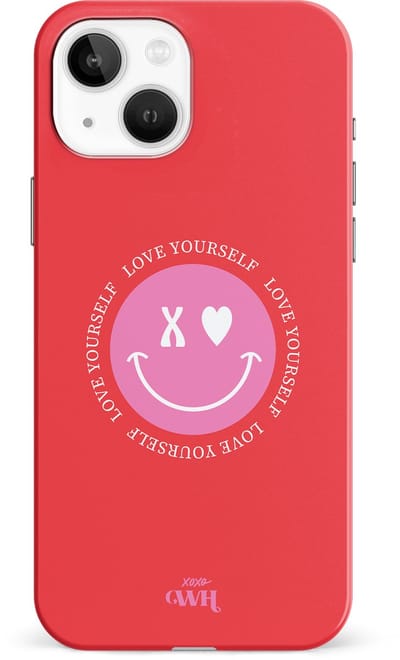xoxo Wildhearts Love Yourself Red - Single Layer - Rood hoesje geschikt voor Apple iPhone 14 Plus - Hoesje met smiley emoji - Hardcase case geschikt voor iPhone 14 Plus - Smiley case - rood