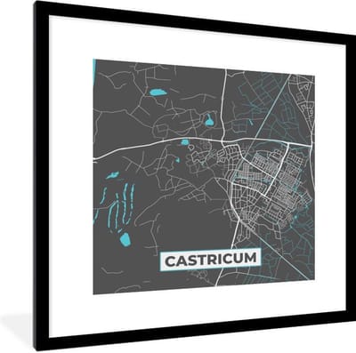 Fotolijst incl. Poster - Plattegrond - Castricum - Grijs - Blauw - 40x40 cm - Posterlijst - Stadskaart