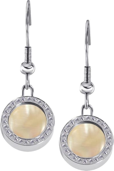 Quiges RVS Schroefsysteem Oorhangers Oorbellen Zilverkleurig met Zirkonia en Verwisselbare Champagne Schelp Mini Munt Set - ECOS053
