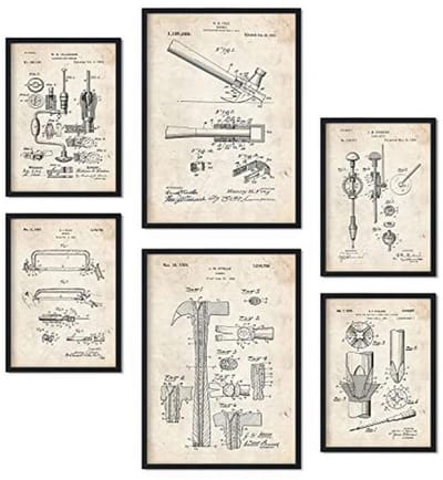 Set van 6 vellen bouwgereedschap posters met antieke uitvindingstekeningen voor vintage woondecoratie