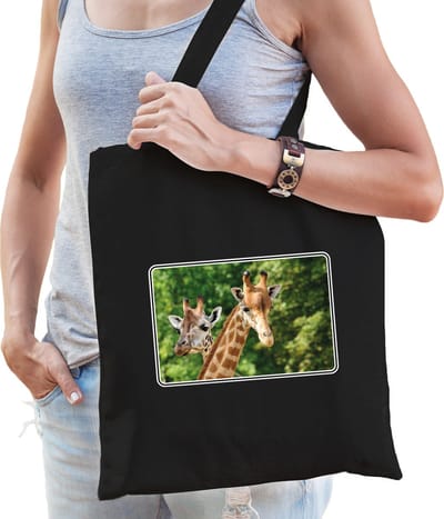 Dieren tasje met giraffen foto - zwart - voor volwassenen - Afrikaanse dieren/ giraf cadeau tas