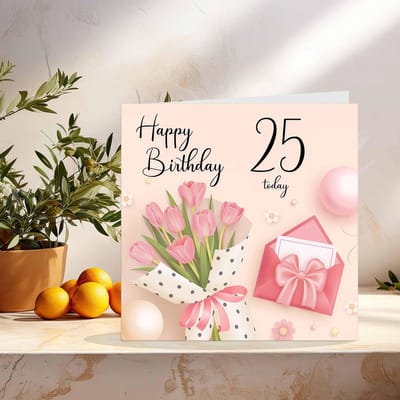 Verjaardagskaart Vrouwen - Roze Bloemen Kaart - Vier 25 Jaar - Dikke 350gsm Kaart - 145x145mm - Roze