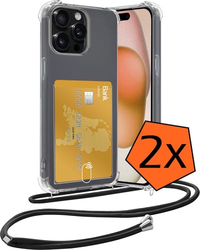 Hoesje Geschikt voor iPhone 15 Pro Hoesje Met Telefoonketting Pasjeshouder Shockproof Case Koord - Hoesje Geschikt voor iPhone 15 Pro Hoes Met Kaarthouder - Transparant - 2 PACK