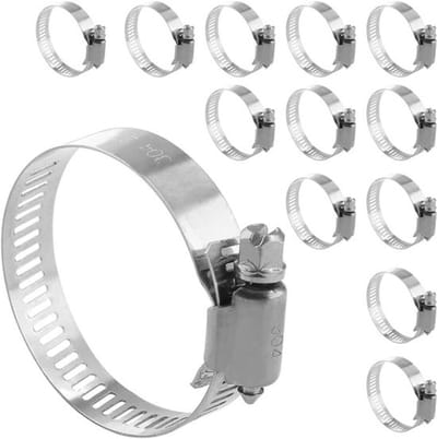Set van 12 roestvrijstalen slangklemmen, verstelbaar van 21-38 mm (7/8" - 1-1/2"), geschikt geschikt voor brandstofleidingen, in de automobiel- en machinebouw.