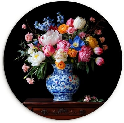 WallCircle® Wandcirkel 90x90 cm - Muurcirkel Rozen - Bloemen - Vaas - Boeket - Muurdecoratie woonkamer - Wanddecoratie slaapkamer - Kamer decoratie accessoires - Ronde schilderijen