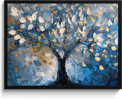Poster in lijst - Fotolijst 80x60 cm - Posters - Boom - Blauw - Goud - Abstract - Posterlijst zwart - Decoratie - Wanddecoratie woonkamer - Muurdecoratie slaapkamer
