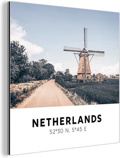 Wanddecoratie Metaal - Aluminium Schilderij Industrieel - Nederland - Molen - Natuur - 90x90 cm - Dibond - Foto op aluminium - Industriële muurdecoratie - Voor de woonkamer/slaapkamer