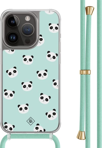 Casimoda® hoesje met mintgroen koord - Geschikt voor iPhone 13 Pro - Panda Print - Afneembaar koord - TPU/polycarbonaat - Mint