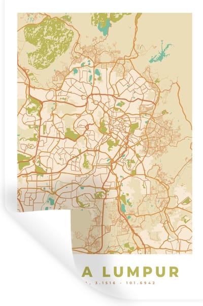Muurstickers - Sticker Folie - Kaart - Kuala Lumpur - Stadskaart - Plattegrond - Vintage - 20x30 cm - Plakfolie - Muurstickers Kinderkamer - Zelfklevend Behang - Zelfklevend behangpapier - Stickerfolie