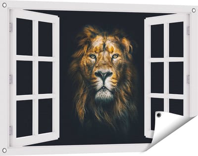 Gards Tuinposter Doorkijk Leeuw - Leeuwenkop - Kleur - 90x60 cm - Tuindoek - Tuindecoratie - Wanddecoratie buiten - Tuinschilderij