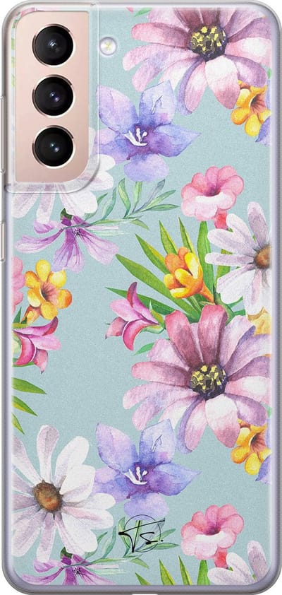 Hoesje geschikt voor Samsung Galaxy S21 - Mint bloemen - Soft Case - TPU - Bloemen - Blauw - Mooie Telefoonhoesjes