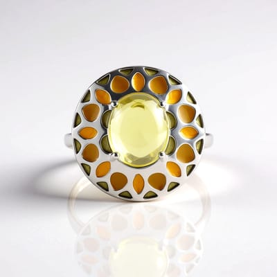 Cavill - Luxe Zilveren Ring - 925 Sterling Zilver Geplatineerd - 3,3 ct Ovale Cabochon Limoenkwarts - Sieraden met Edelsteen - Bloemmotief