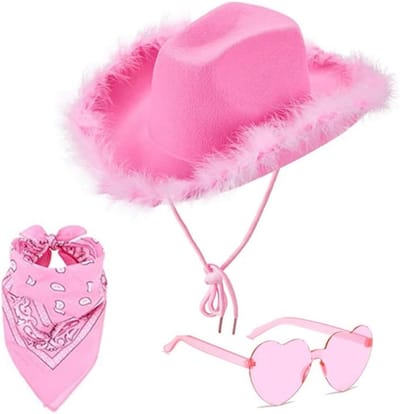 Stijlvolle brede hoed voor cowgirls met hartvormige brillen en boa - Perfecte cowboy kostuumaccessoires voor volwassenen en feestjes