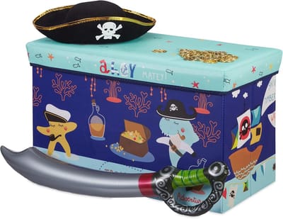 Famanu - Speelgoedkist opvouwbare poef 50 liter hocker met opbergruimte met tekeningen jongens en meisjes turquoise