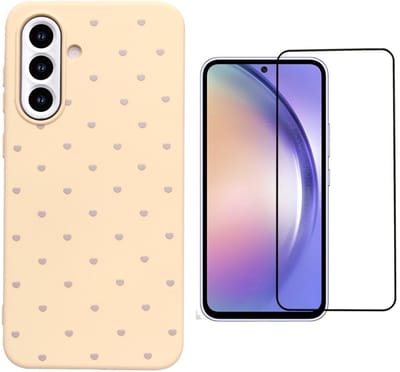 Hoesje en Glas Geschikt voor Samsung Galaxy A26 - Geel - Casemania Stevige Siliconen Back Cover met Hartjes Print - 1x Glazen Screenprotector