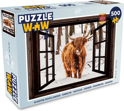 Puzzel Schotse Hooglander - Sneeuw - Natuur - Dieren - Doorkijk - Winter - Legpuzzel - Puzzel 500 stukjes