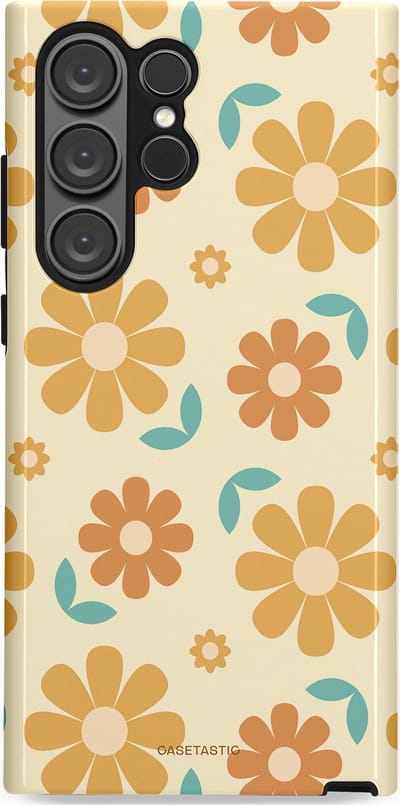 Casetastic hoesje geschikt voor Samsung Galaxy S23 Ultra - Dubbellaagse bescherming - Flower power Retro Bloemen - Geel - Oranje - Blauw - Fashion Case - Crème Goud Perzik