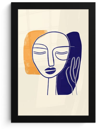 Poster in lijst - Fotolijst 20x30 cm - Posters - Minimalistisch - Gezicht - Hand - Oranje - Blauw - Posterlijst zwart - Decoratie - Wanddecoratie woonkamer - Muurdecoratie slaapkamer