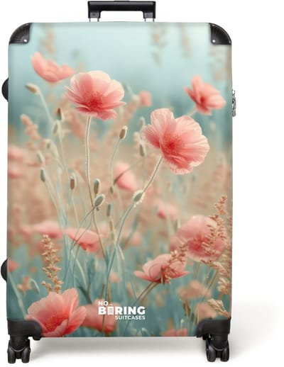 NoBoringSuitcases.com® - Koffer groot - Reiskoffer lichtgewicht - Bloemenveld met roze klaprozen - Rolkoffer met 4 wielen - Grote trolley XL - 98 liter bagage