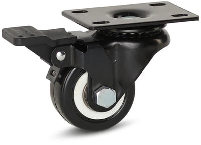 Zwart PU zwenkwiel geremd met topplaat - 50mm - 60kg
