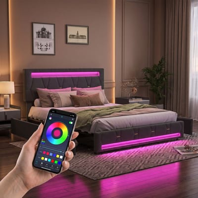Opbergbed 160x200 cm grijs linnen met 4 lades, LED-verlichting, verstelbaar hoofdbord en USB-oplaadpunt, gestoffeerd tweepersoonsbed