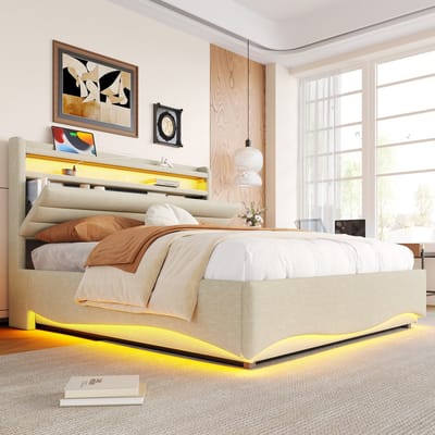 Wishdor Gestoffeerd Opbergbed - 140x200 cm - Hydraulisch Hefmechanisme En Ledverlichting - Met USB En Type-C - Linnen - Beige