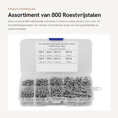 Dailygoods- Zelfborende Schroeven 800 Stuks - Roestvrij Staal - 8 Maten - Platte Kop - Voor Houten Toepassingen - Transparante Opbergdoos