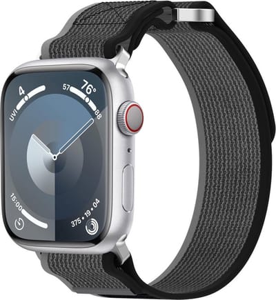 Nylon bandje - geschikt voor Apple Watch 1/2/3/4/5/6/7/8/9/10/11/ SE (1,2,3) met maat 38 mm / 40 mm / 41 mm en 42 mm (Watch 10/11) - grijs-zwart