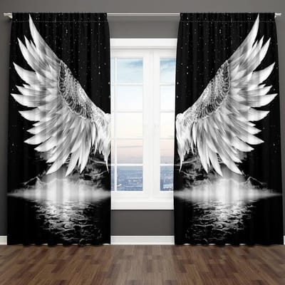 3D digitaal printen goedkope moderne engelenvleugels zwart-wit arcering 2 panelen gordijn voor slaapkamer woonkamer woondecoratie W85xH200(CM)x2PCS-Grommet Top