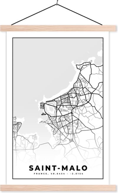 Posterhanger incl. Poster 40x60 cm - Schoolplaat - Saint-Malo - Kaart – Plattegrond – Frankrijk – Stadskaart - Zwart wit - Textielposter - Blanke latten - Stadskaart