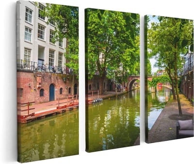 Artaza Canvas Schilderij Drieluik Oudegracht In Utrecht - 120x80 - Foto Op Canvas - Canvas Print