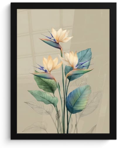 Poster in lijst - Fotolijst 30x40 cm - Posters - Paradijsvogelbloemen - Blauwgroene bladeren - Beige - Posterlijst zwart - Decoratie - Wanddecoratie woonkamer - Muurdecoratie slaapkamer