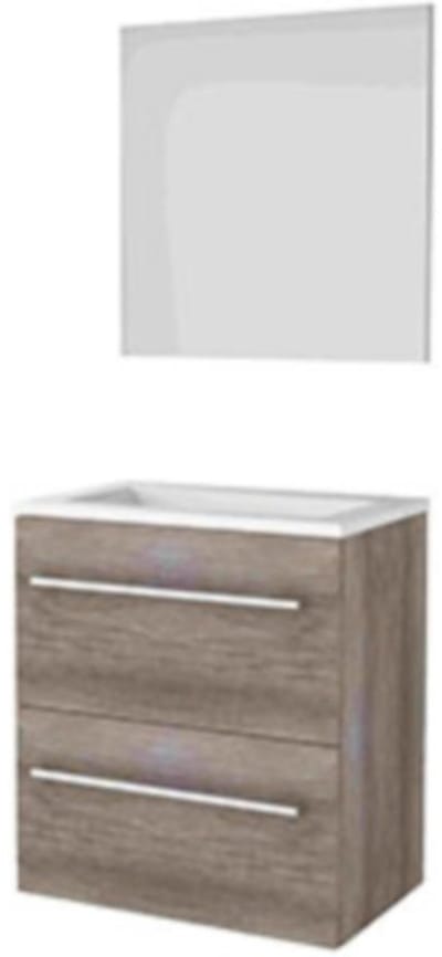 Basic-Line Basic 39 Badkamermeubelset - Ondiep - 60 x 39 cm - Met Grepen - 2 Lades - Acryl Wastafel - Zonder Kraangat - Spiegel - Scotch Oak