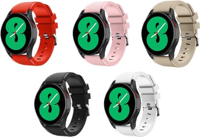 Strap-it 5-pack Siliconen Horlogebandjes – Zwart, Wit, Beige, Roze & Rood – Comfortabel, Duurzaam & Zweetbestendig – Geschikt voor Samsung Galaxy Watch 7 (40 & 44mm)/Watch 6 (Classic)/Watch 5 (Pro)/Watch 4 (Classic)/Watch FE