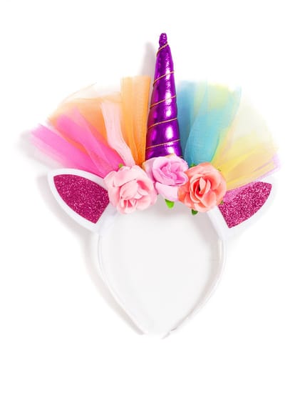 KIMU® Eenhoorn Haarband Paars Regenboog Tule - Unicorn Diadeem Oortjes Bloemen - Paarse Hoorn Bloemetjes Roze Paars Festival