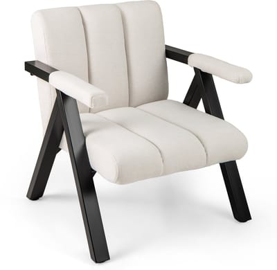 COSTWAY Fauteuil woonkamer, gestoffeerde loungestoel met armleuningen en metalen frame, moderne relaxstoel voor woonkamer, slaapkamer, ontvangstruimte (beige)