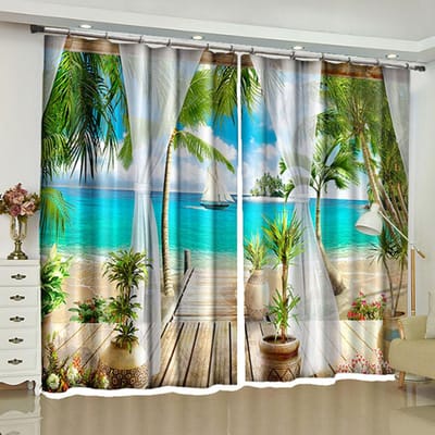 Vakantiegordijnen Zeekant Kokospalm Print Draperie voor Woonkamer Plafondhoge Raam Slaapkamer Keuken Jaloezieën Gordijn 2 stuks (50Wx50H)x2(CM)&Grommet Top