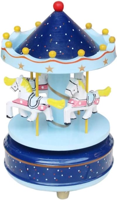 Houten Muziekdoos - Draaimolen Carrousel - Decoratie Huis - Wind-up Mechanisme - 20cm Hoog - Blauw