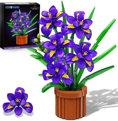 CUBIMANA - Blauwe Iris Bouwpakket - 808 Delen - Houten Pot - Paarse Kunstbloem