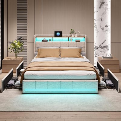 Gestoffeerd Tweepersoonsbed 140x200 of 160x200 met 4 Opberglades en USB Laadfunctie